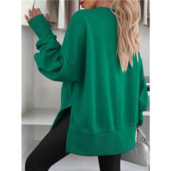 Side Slit Round Neck Long Sleeve Sweatshirt - Picture 6 of 16